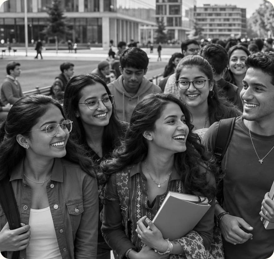 A group of smiling students walking together on a college campus